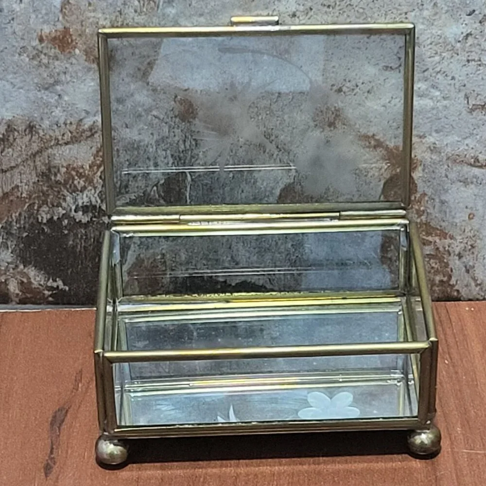 Vintage Trinket Box Hinged Lid Etched Bird Flower Glass Brass Trim Footed Jewelr
